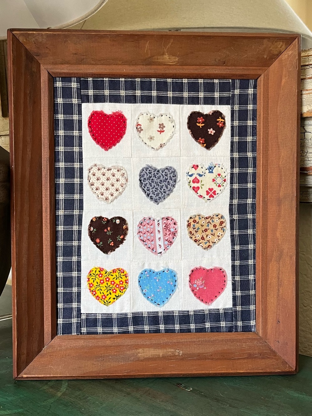 Vintage Fabric Hearts Quilt Square Wood Frame